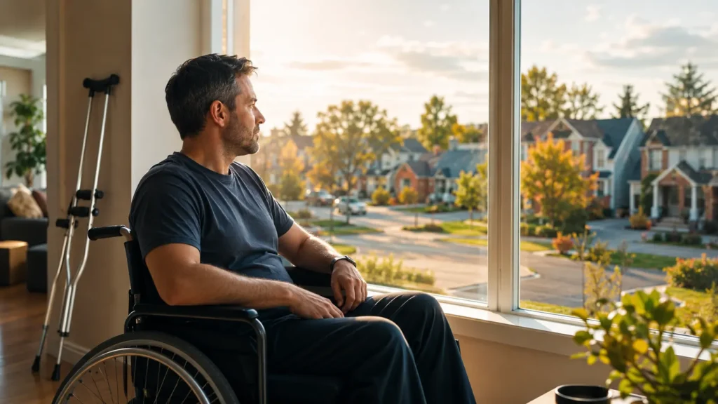 Man in wheelchair looking out window at suburban neighborhood with crutches leaning against wall