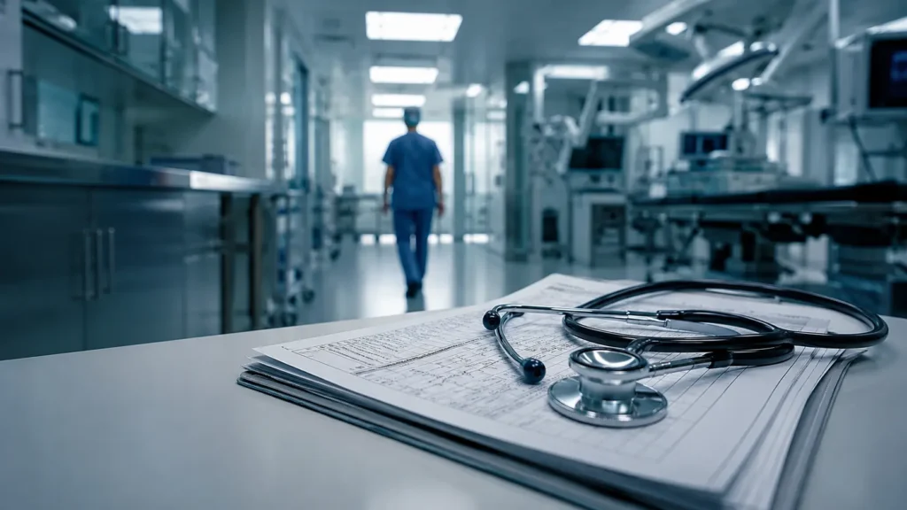 Medical chart and stethoscope on hospital desk with surgeon walking away in operating room corridor