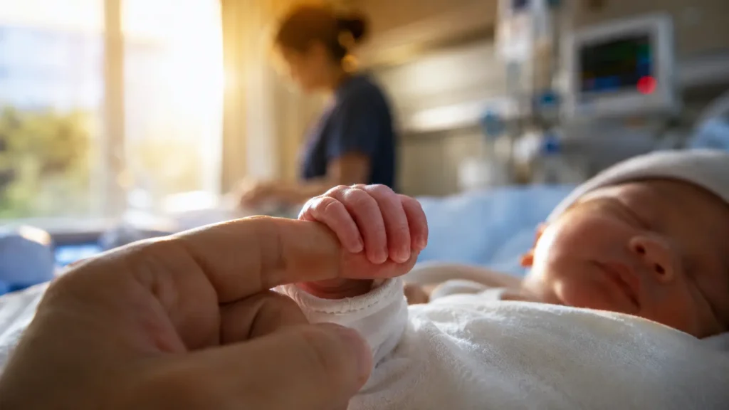 Newborn baby holding parent finger in hospital room with nurse and medical equipment in background