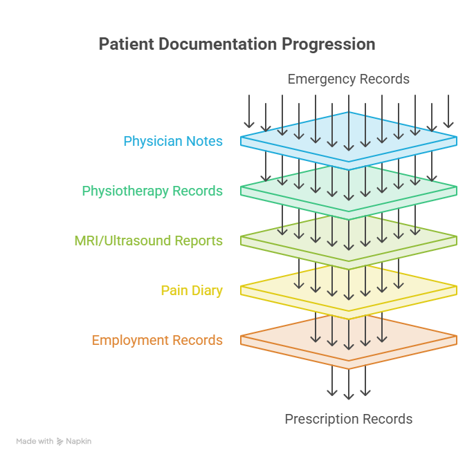 Infographic showing patient documentation progression from emergency records to prescription records.