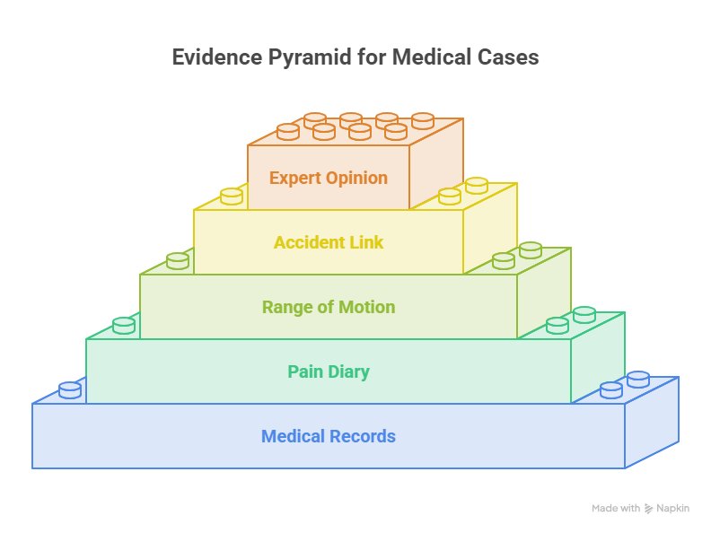 Infographic showing evidence pyramid for medical cases with injury records and documentation levels.