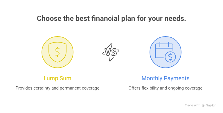 Infographic comparing lump sum and monthly payment options for financial planning needs.