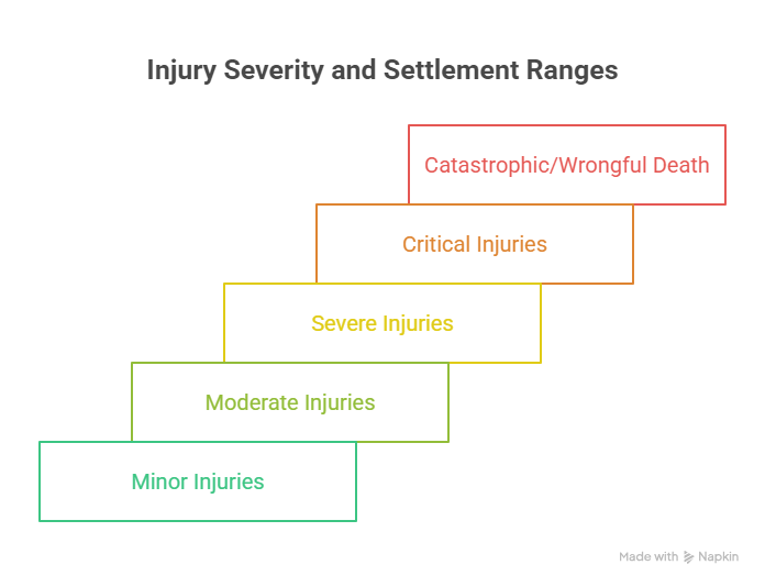 Infographic showing injury severity levels and settlement ranges from minor injuries to catastrophic injuries.