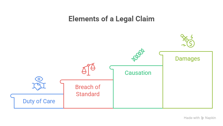 Infographic showing elements of a legal claim including duty of care, breach, causation, and damages.
