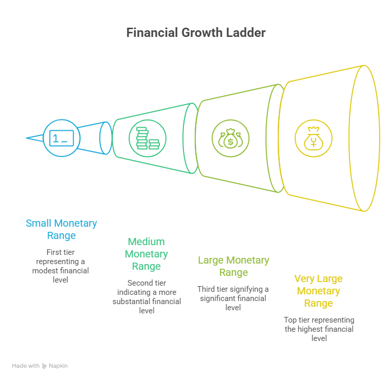 Infographic showing financial growth ladder from small monetary range to very large monetary range.