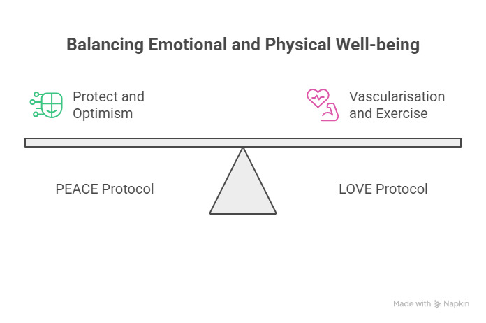 Infographic showing balance between PEACE and LOVE protocols for emotional and physical injury recovery.