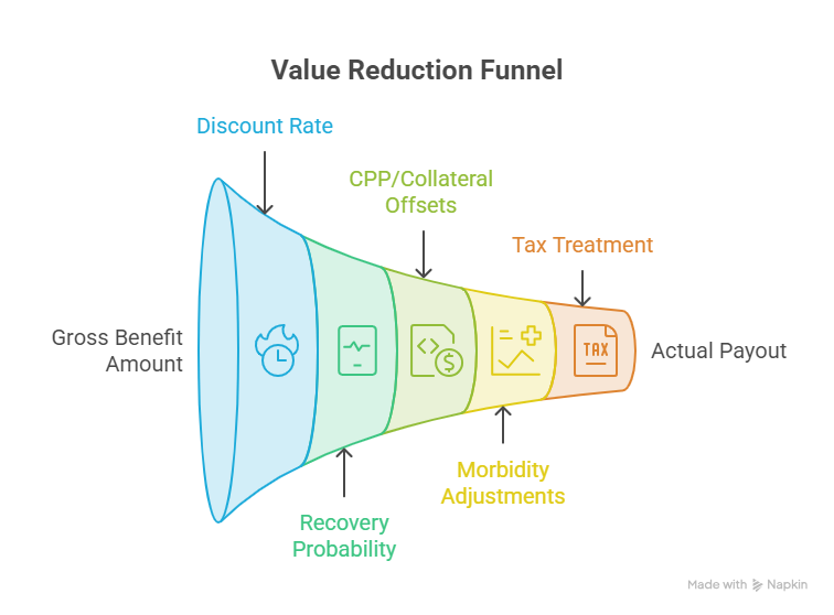 Infographic showing value reduction funnel from gross benefit amount to actual payout.