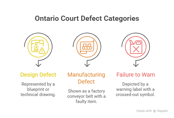 Infographic showing Ontario court defect categories including design defect, manufacturing defect, and failure to warn.