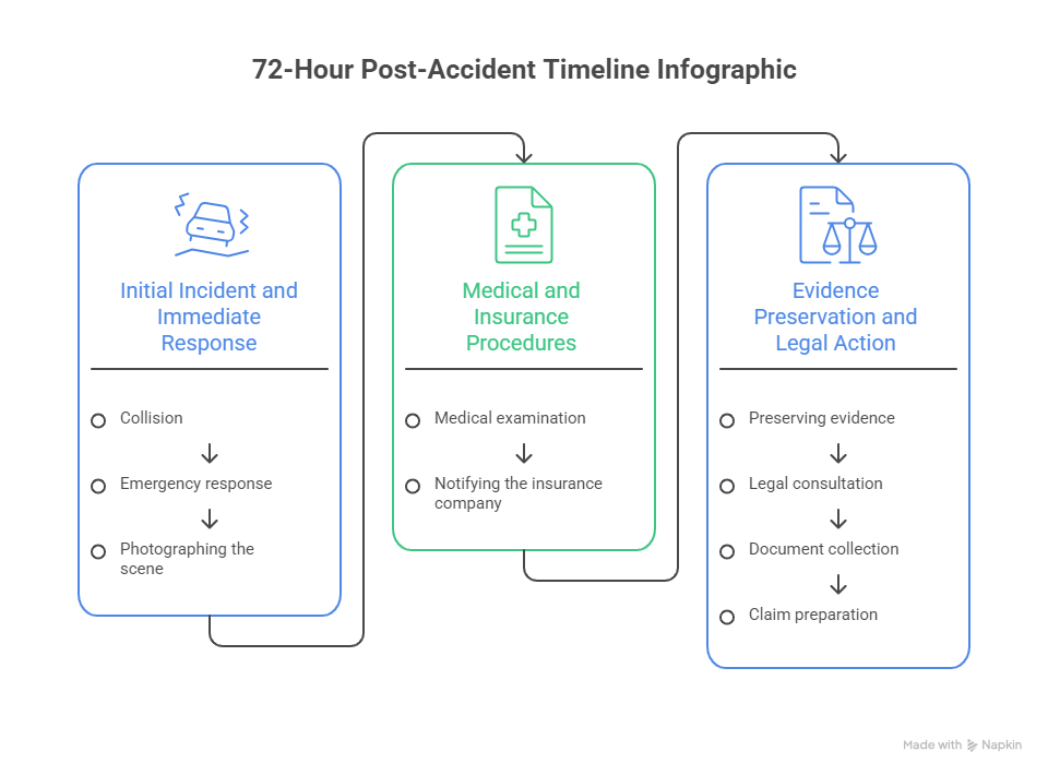 72 hour post accident timeline showing emergency response medical treatment insurance reporting evidence preservation and legal action.