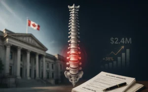 Illustration of a spinal cord injury claim with settlement documents, compensation growth chart, and Canadian courthouse background.