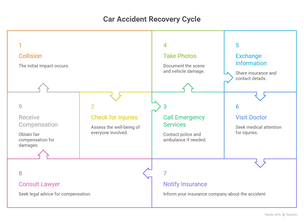 Car accident recovery process showing the steps from collision and emergency response to insurance claim legal consultation and compensation.