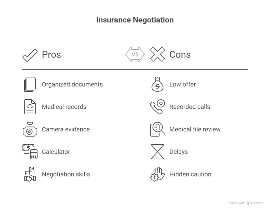 Insurance negotiation pros and cons comparison chart listing organized documents medical records and negotiation skills as advantages versus low offers and delays as disadvantages