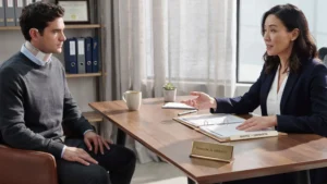 Lawyer meeting with an injured client in a private office to discuss a car accident claim and legal options.