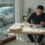 Man in black sweater reviewing car accident documents and insurance paperwork at desk with laptop and white sedan visible through window