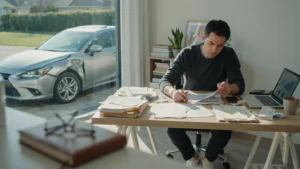 Man in black sweater reviewing car accident documents and insurance paperwork at desk with laptop and white sedan visible through window