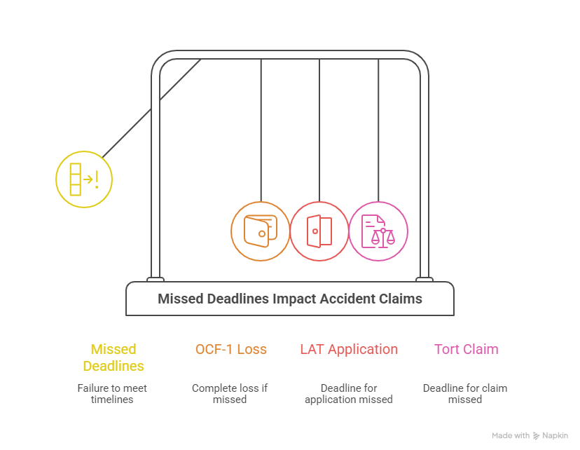 Infographic showing how missed legal deadlines can affect accident benefit applications and tort claims.