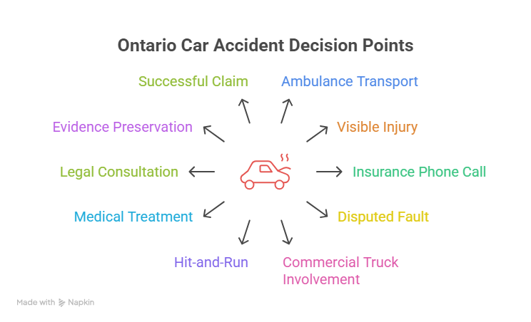 Ontario car accident decision points including medical treatment legal consultation evidence preservation and insurance claims.