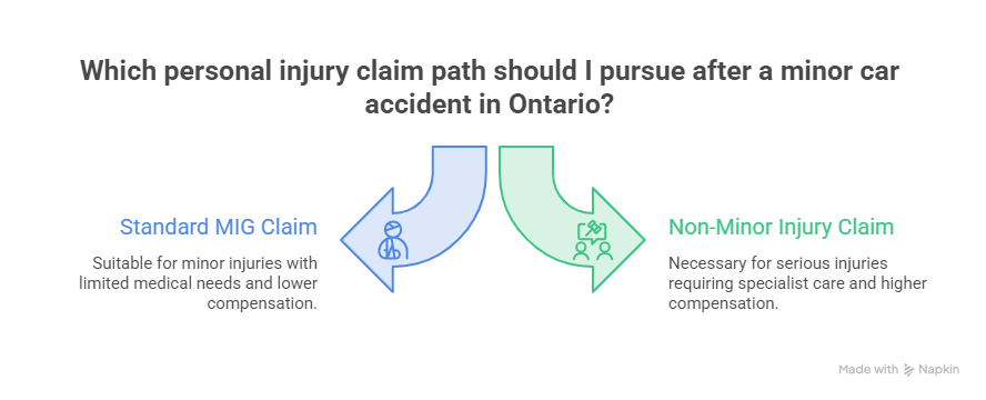 Comparison of Ontario minor injury claim options including standard MIG claim and non minor injury claim pathways.