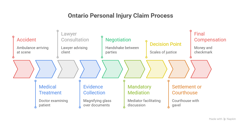 Ontario personal injury claim process from accident and medical treatment to settlement negotiation and final compensation.