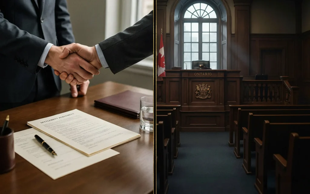 Lawyer and client finalizing a personal injury settlement agreement with an Ontario courtroom shown beside the negotiation process.