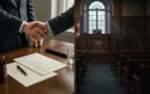 Lawyer and client finalizing a personal injury settlement agreement with an Ontario courtroom shown beside the negotiation process.