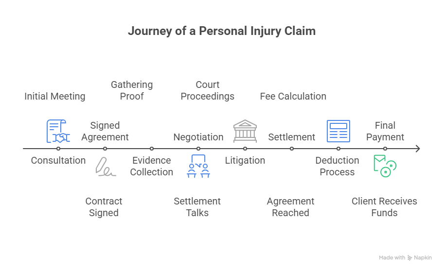 Personal injury claim process timeline from initial consultation and evidence collection to settlement and final client payment.