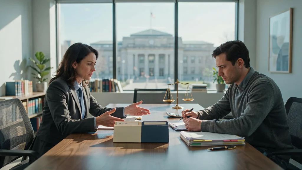 Personal injury lawyer explaining legal options and reviewing claim documents with an accident victim during a consultation.
