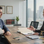 Personal injury lawyer discussing compensation options with an injured client wearing an arm sling during a legal consultation.