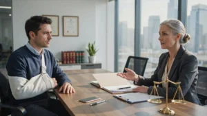 Personal injury lawyer discussing compensation options with an injured client wearing an arm sling during a legal consultation.