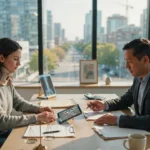 Personal injury lawyer discussing legal options with a car accident victim wearing a neck brace during a claim consultation.