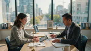 Personal injury lawyer discussing legal options with a car accident victim wearing a neck brace during a claim consultation.