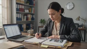 Personal injury lawyer reviewing accident claim documents medical records and case evidence before filing a legal claim.