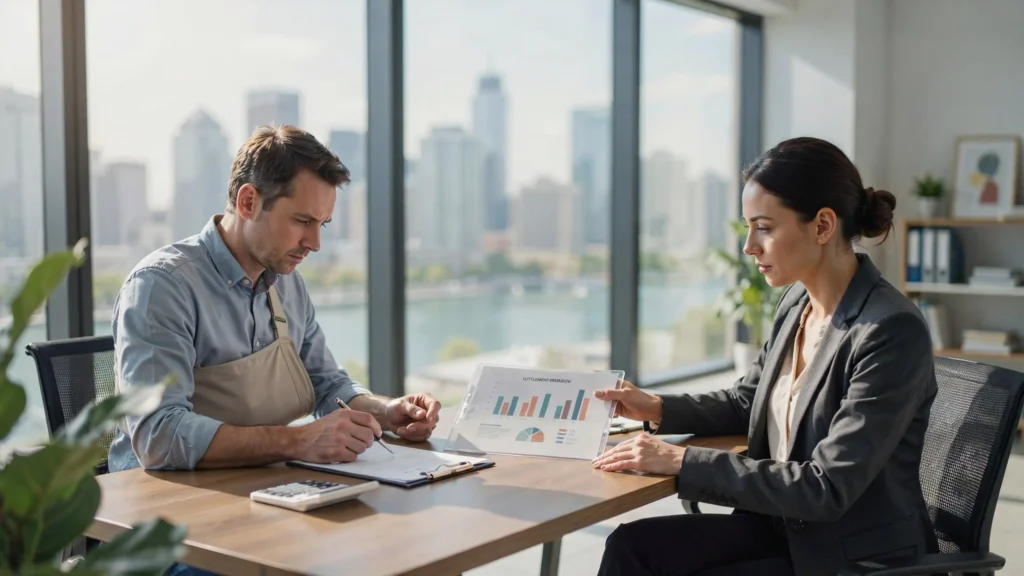 Professional personal injury lawyer reviewing settlement documents and compensation calculations with an injured client during a legal consultation.