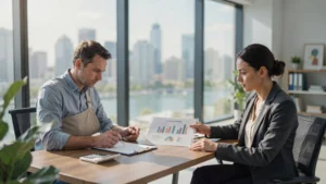 Professional personal injury lawyer reviewing settlement documents and compensation calculations with an injured client during a legal consultation.