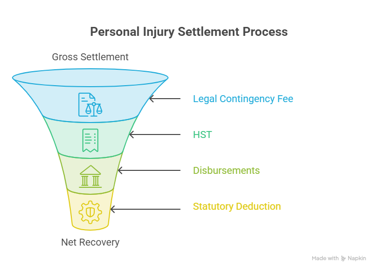 Personal injury settlement breakdown showing contingency fees HST disbursements statutory deductions and client net recovery.