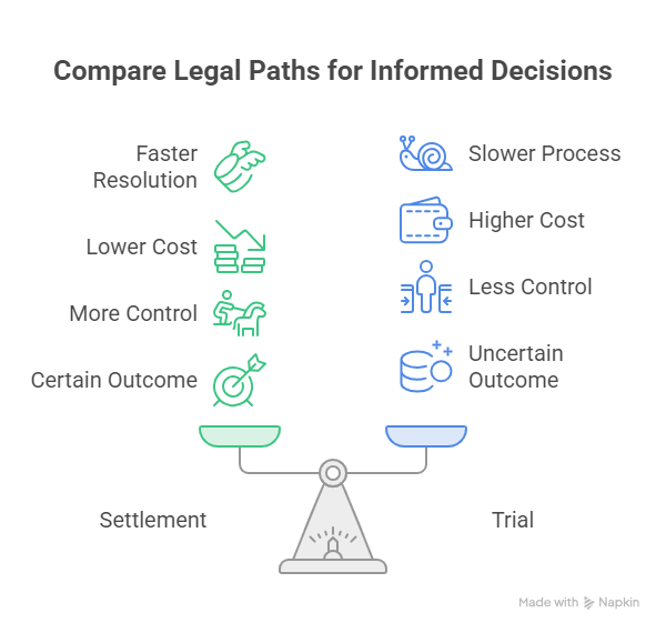 Comparison of personal injury settlement versus trial highlighting costs timeline control and case outcomes.