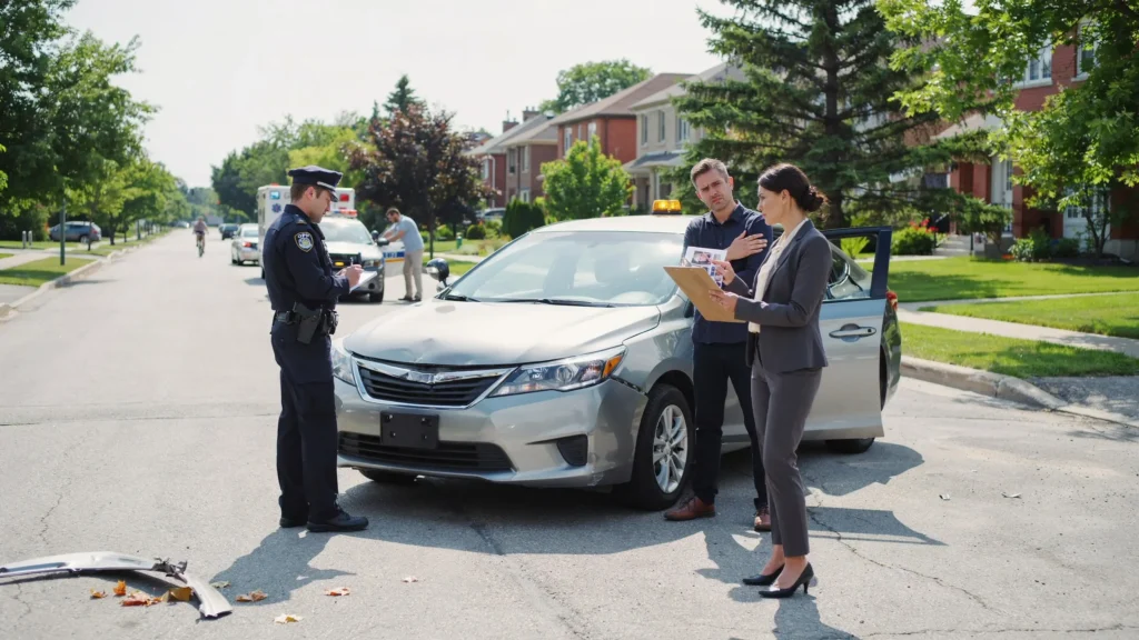 Police officer documenting a car accident while a personal injury lawyer assists an injured driver at the crash scene.