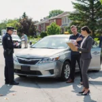 Police officer documenting a car accident while a personal injury lawyer assists an injured driver at the crash scene.