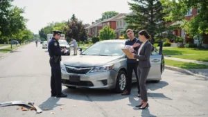 Police officer documenting a car accident while a personal injury lawyer assists an injured driver at the crash scene.