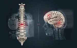 Comparison of spinal cord injury and traumatic brain injury with anatomical illustrations and diagnostic medical imaging.