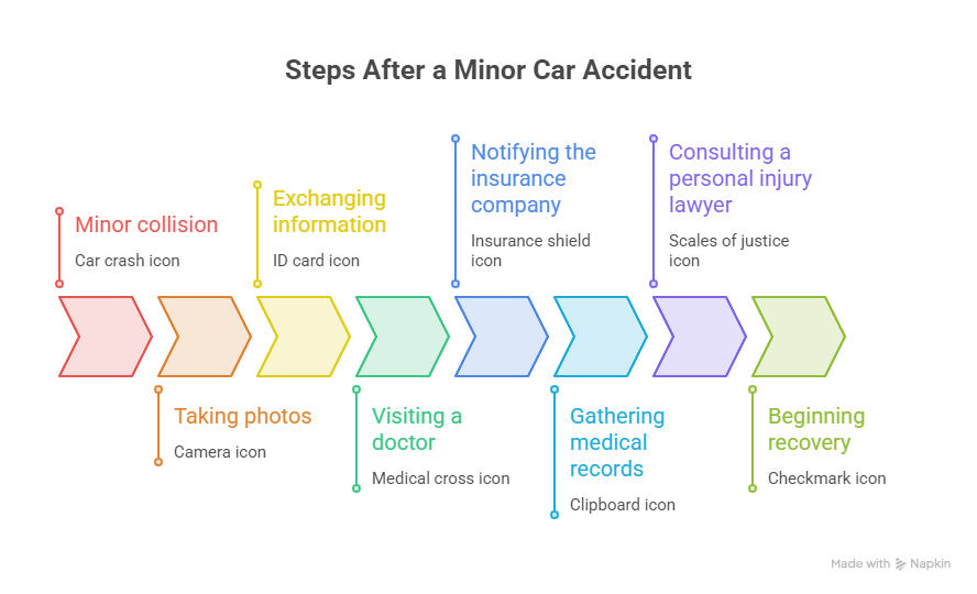 Steps to take after a minor car accident including exchanging information medical care insurance notification and legal consultation.