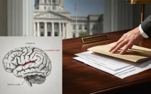 Traumatic brain injury legal claim documents with a brain anatomy illustration and courthouse in the background.