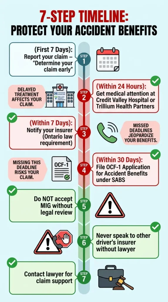 Seven step timeline infographic for protecting accident benefits in Ontario including reporting deadlines and legal requirements