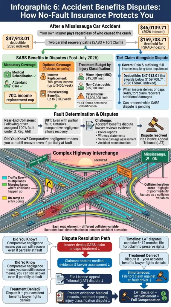 Accident benefits disputes infographic showing how no-fault insurance protects claimants with mandatory and optional SABS coverage fault determination comparative negligence and licence appeal tribunal dispute resolution process
