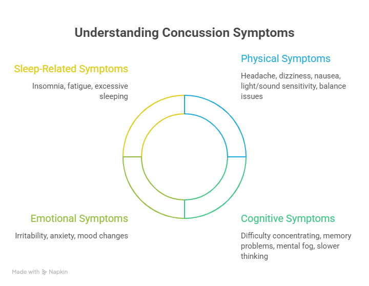 Common concussion symptoms including physical, cognitive, emotional, and sleep-related effects