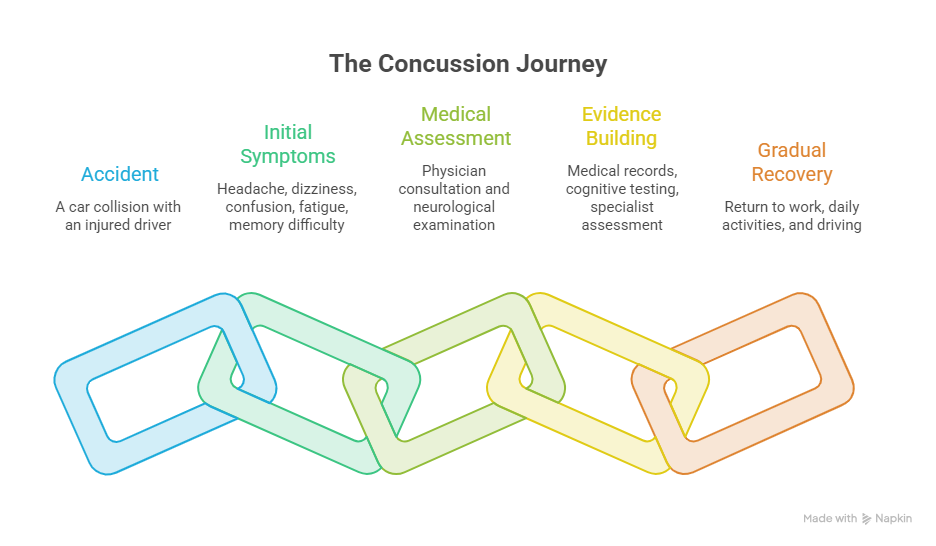 Concussion recovery journey from car accident and initial symptoms to medical assessment and gradual recovery