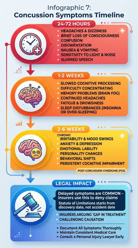 Concussion symptoms timeline infographic showing progression from immediate symptoms in 24 to 72 hours through cognitive and emotional effects with legal impact for personal injury claims