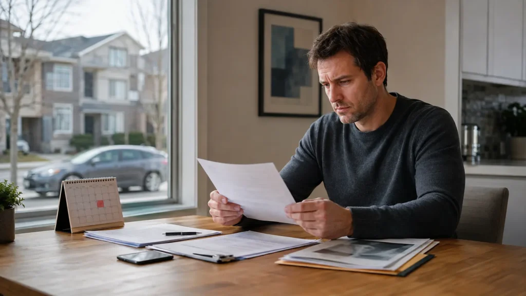 Man reviewing documents related to an accident benefits claim in Ontario