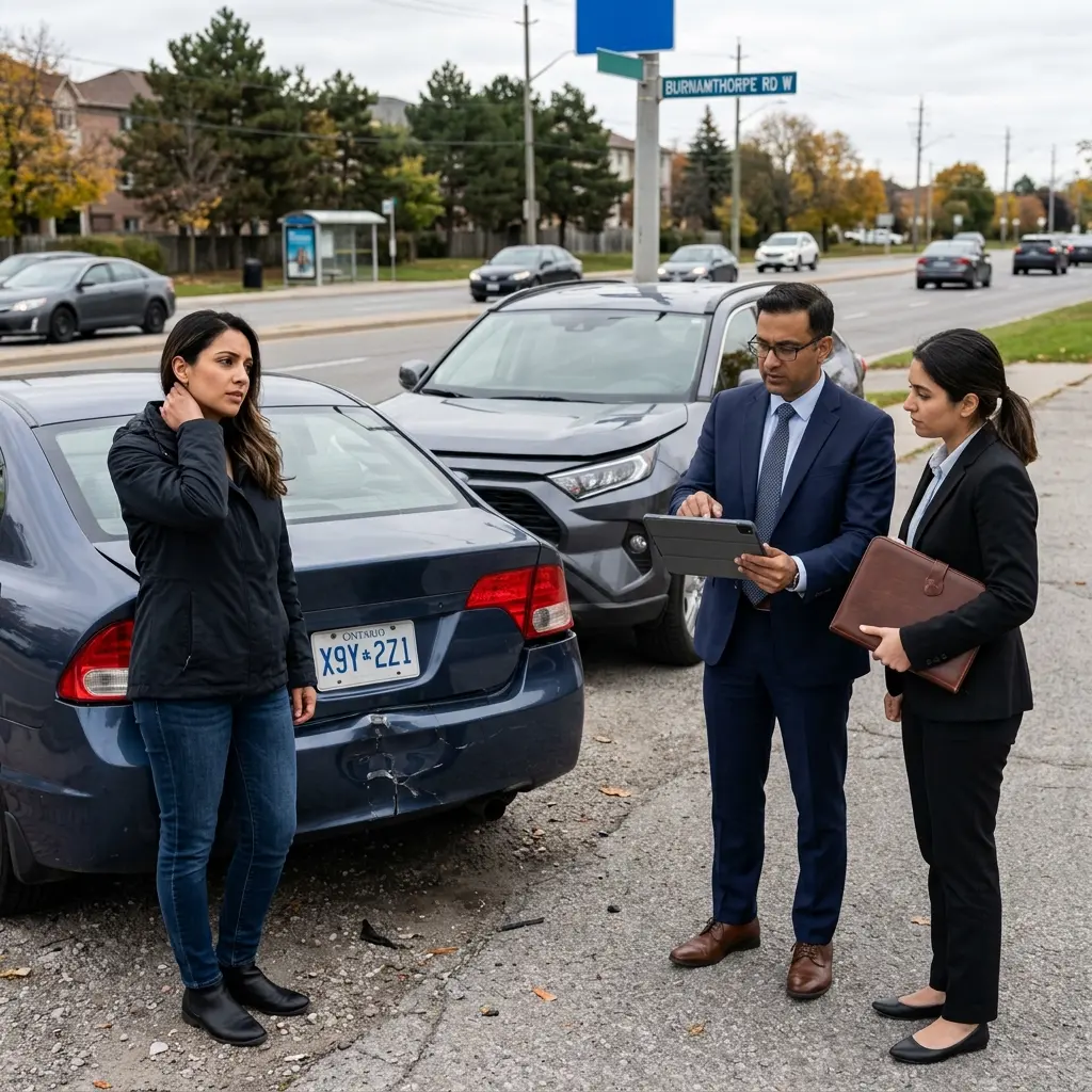 Mississauga car accident victim discussing partial fault, accident benefits, and injury compensation