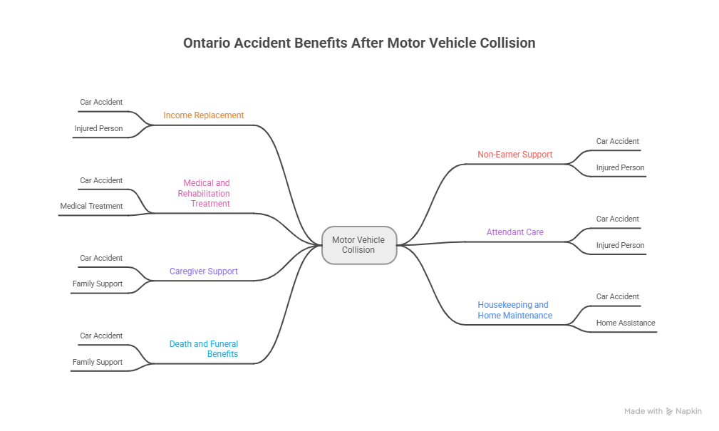 Ontario accident benefits available after a motor vehicle collision including medical treatment and income replacement